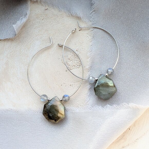 Labradorite Drop Statement Steel Hoop Earrings Handmade - Picture 1 of 5
